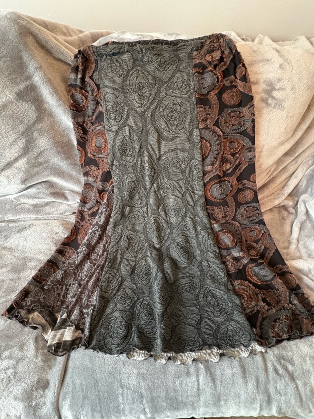 A-Line Mixed-Panel Brown and Gray Patterned Skirt